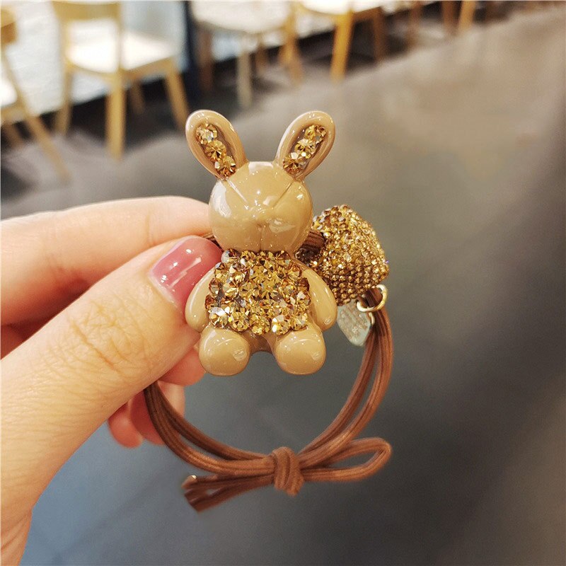 Aveuri 2023 The New Brown Coffee Color Crown Czech Diamond Bear Hair Ring Full Of Diamond Square Hair Rope Ball Head Rope