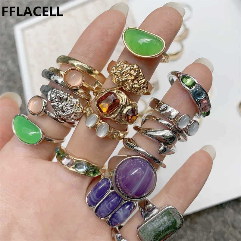 Aveuri 2023 Summer Vintage 8Pcs/Set Fairy Friends Colorful Stone Metalic Fashion Finger Rings Korea Hit Rings For Women Girl Party Gift
