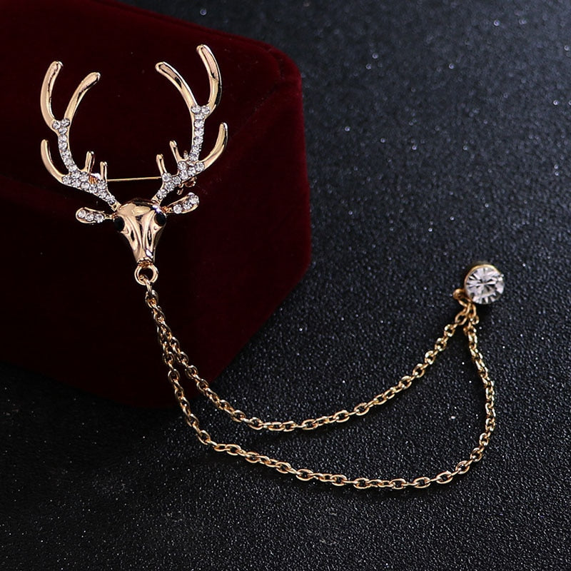 HUISHI Trendy Brooches Reindeer Crown chain Brooch Fashion Metal Cross Dragon Crystal Chain Tassel Badge Pin Collar Accessory