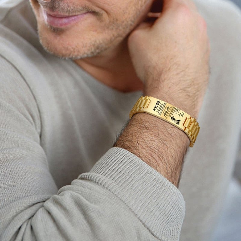 Personalized Men Bracelet Stainles Steel In Gold Color Custom Text TO MY SON Mens Accessories