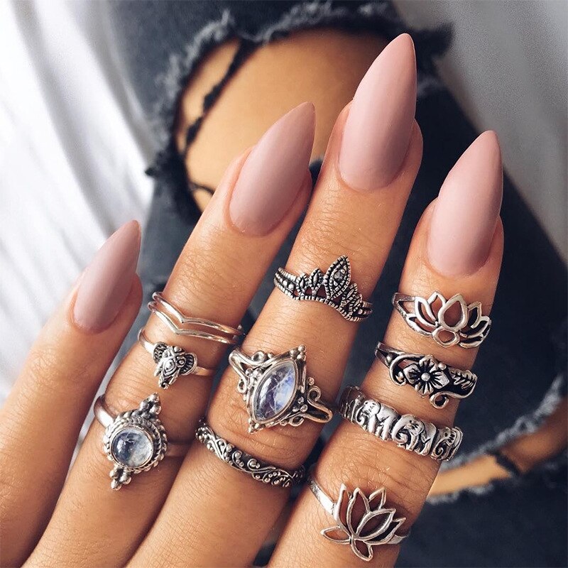 Aveuri Leaf Moon Crescent Rings for Women Antique Sliver Color Punk Knuckle Midi Ring Set Vintage  Jewelry Accessories Wholesale