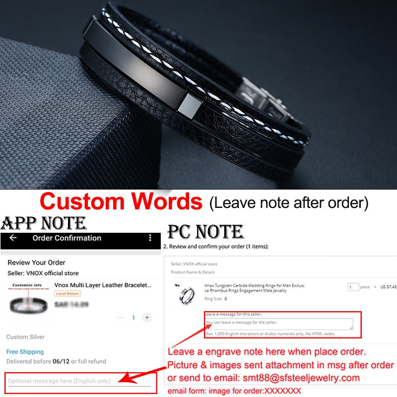 Vnox Multi Layer Leather Bracelets for Men Women Customizable Engraving Stainless Steel Casual Personalized Bangle