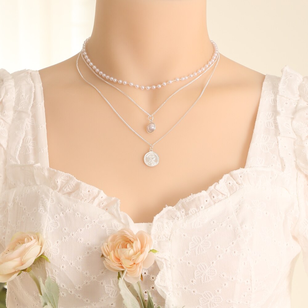 LATS 2023 New Fashion Kpop Pearl Choker Necklace for Women Cute Double Layer Round Chain Pendant Necklaces Jewelry Girl Gift