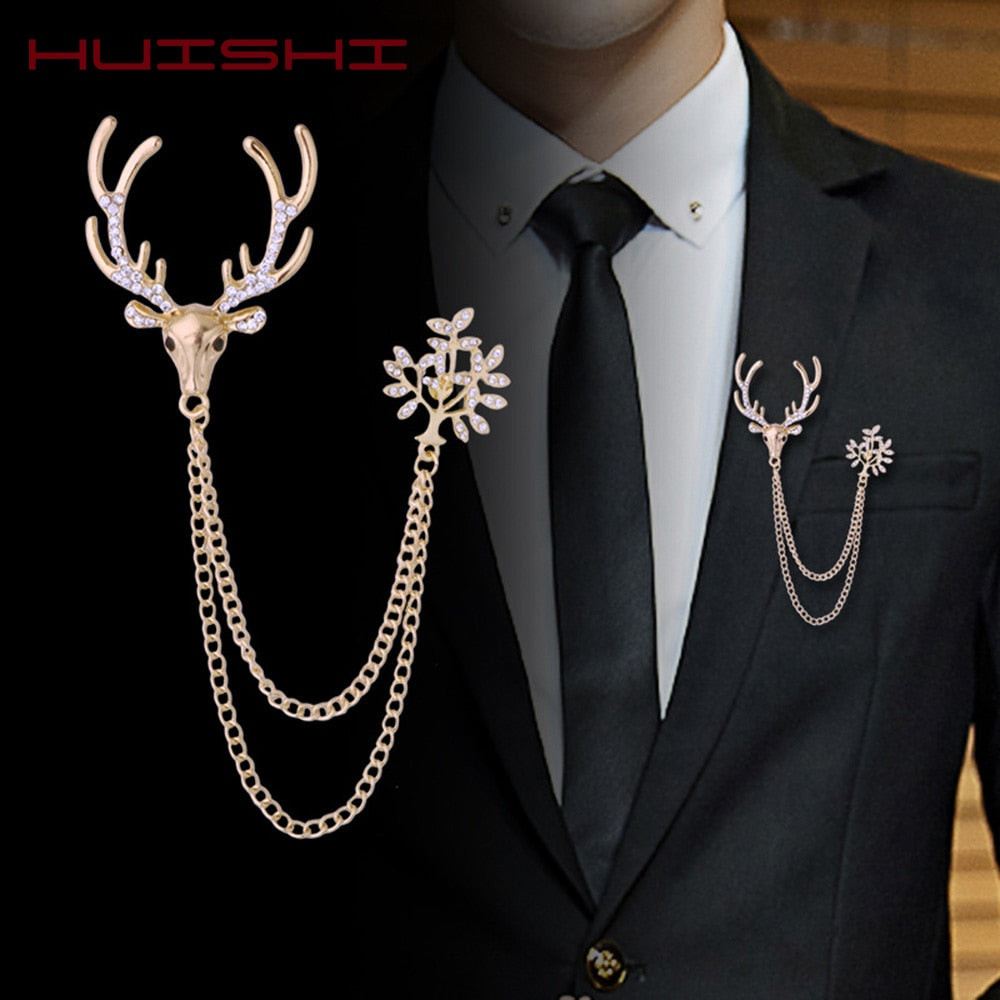 HUISHI Trendy Brooches Reindeer Crown chain Brooch Fashion Metal Cross Dragon Crystal Chain Tassel Badge Pin Collar Accessory