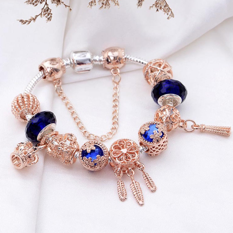 Aveuri High Quality Rose Gold Crystal Charm Bracelets For Women With Pink Leaves Bracelets & Bangles Fashion Jewelry Gift Dropshipping