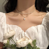 Christmas Gift 2023 New Fashion Kpop Pearl Choker Necklace Cute Double Layer Chain Pendant For Women Jewelry Girl Gift