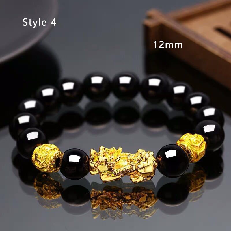 Christmas Gift Feng Shui Obsidian Stone Beads Bracelet Wristband Gold Black Pixiu Wealth Good Luck Women Bracelet  Men Women Unisex