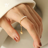 Christmas Gift French Simple Retro Pearl Chain Pull Adjustment Gold Rings Wedding Girl's Elegant Accessories Fashion Finger Jewelry For Woman