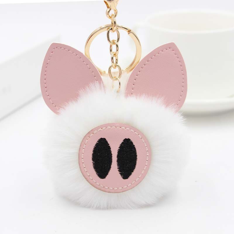 Aveuri Cute Women's Piggy Fur Ball Keychain Cartoon Pig Fur Pom Pom Keychain Bag Purse Car Key Holder Fluffy Keyring Pendant Llaveros