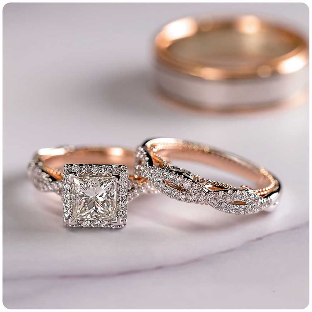 Aveuri Luxury Princess Cut Cubic Zircon Bridal Marriage Set Rings Elegant Accessories Brilliant Women Men Wedding Trendy Jewelry