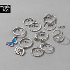 Aveuri 10pcs/sets Trendy Butterfly Elephant Joint Ring Sets for Women Charms Cross Open Ring Jewelry Accessories 18663