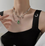 AVEURI Fashion Metal Pearl Rhinestone Heart Necklace Green Water Drop Gemstone Necklace ins Hip Hop Clavicle Chain For Women Jewelry
