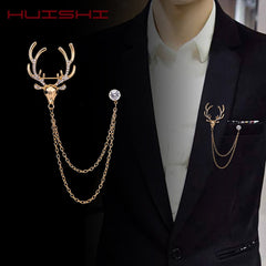 HUISHI Brooch Fashion Vintage Gold Silvery Metal Brooches For Men 2020 Christmas Reindeer Antlers Collar Chapter Tassel Brooch