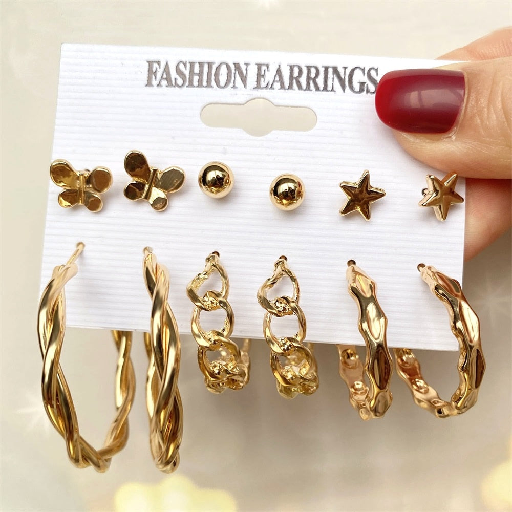 Aveuri Vintage Punk Geometric Gold Color Hoop Earrings For Women 2023 Metal Butterfly Snake bead Earings Set Jewelry Party Gifts