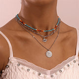 Aveuri 2023 Classical Boho Turkey Metal Coin Multi Layered Beads Choker Sunflower Lucky Necklace Metal Clavicle Chain Handmade Women Jewelry
