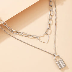 Tocona Trendy Lock Pendant Necklace for Women Hollow Heart Multilayer Geometry Thick Sweater Chain Jewelry Gift Collar 16318