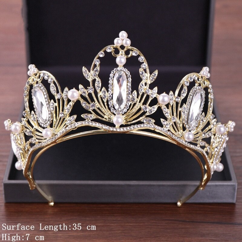 Aveuri Vintage Baroque Queen Tiara Diadem Gold Wedding Crystal Rhinestone Crown Tiaras Bridal Hair Jewelry Wedding Hair Accessories