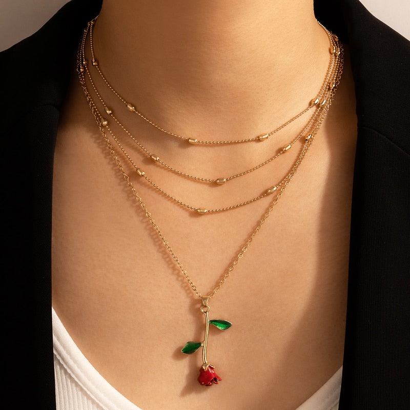 Tocona New Trendy Red Roseflowers Pendant Necklace for Women Charms Multi-layer Gold Chain Choker Party Jewelry Collar 16931