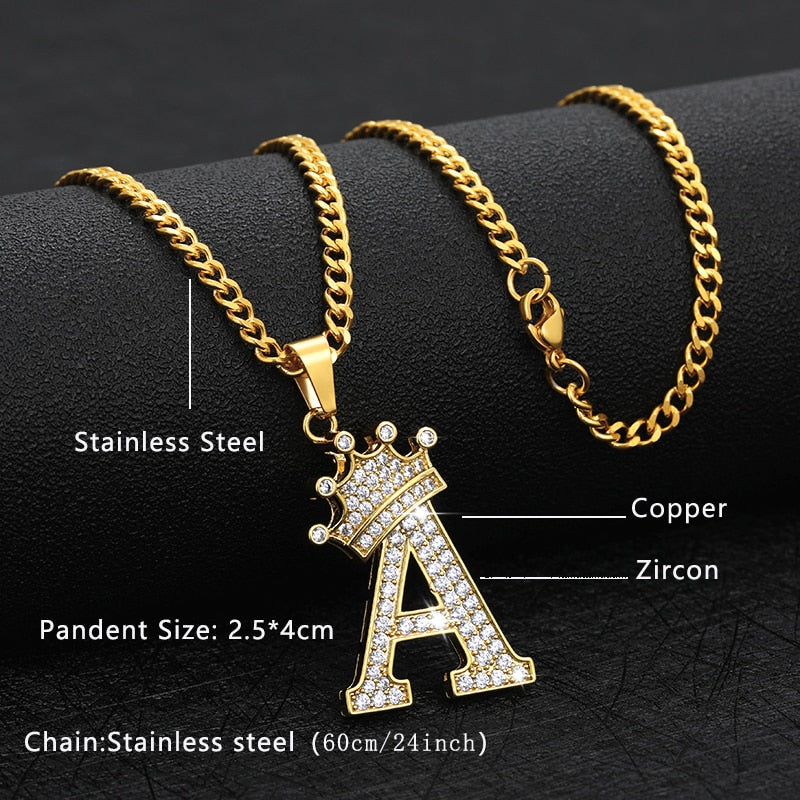 Aveuri Crown Big Letter Necklace For Women Men Initial Alphabet Charm Chain Choker Pendant 60CM Necklace Jewelry Gift Collier