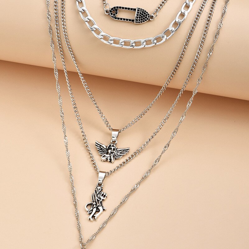 Aveuri Punk Imitation bead Devil Angel Pin bead Pendant Necklace for Women 2023 Multilayer Chain Choker Statement Collar