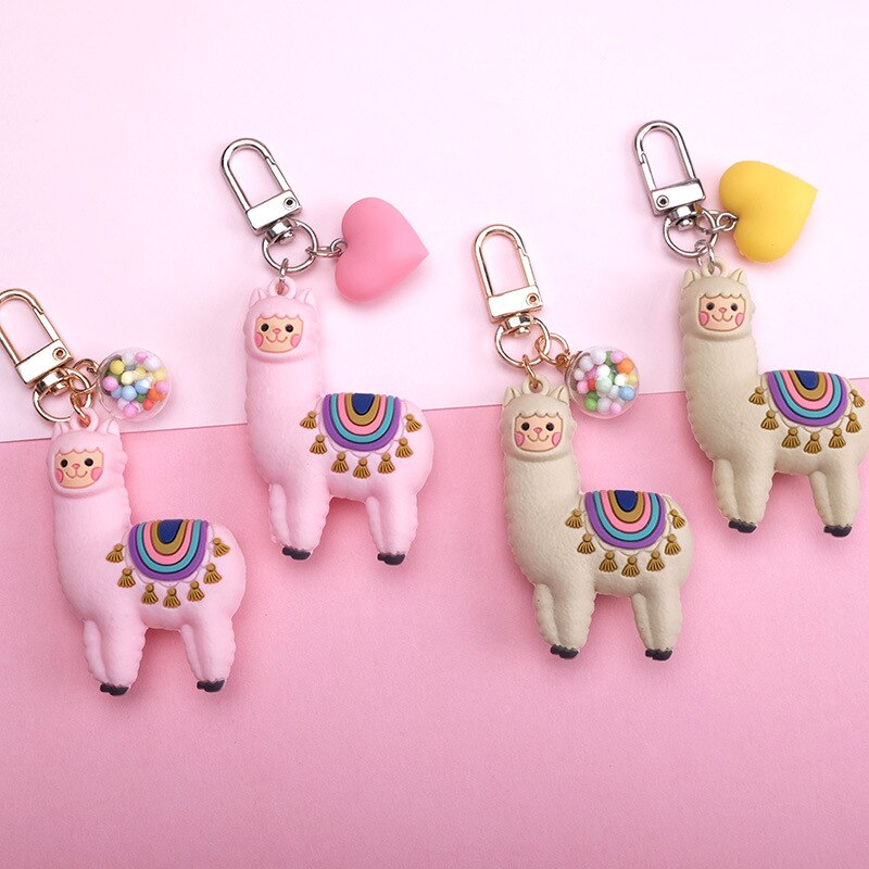 Aveuri Korean Fashion DIY Handmade Gift Llama Key Chain Women Bag Love Heart Color Ball Pendant Cartoon Epoxy Alpaca Keychains Trinket