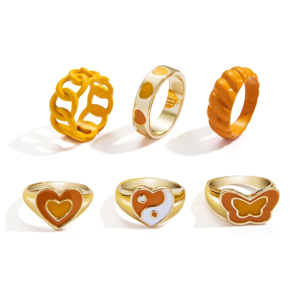 Aveuri Y2K Style Korean Colorful Resin Chain Rings Set for Women Fashion Colorful Multilayered Heart Ring Wholesale Jewelry