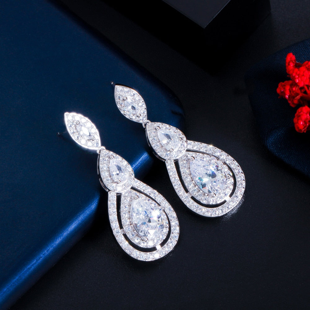 Christmas Gift Shiny White Cubic Zirconia Water Drop Earrings for Brides Wedding Evening Party Costume Jewelry Accessories CZ904