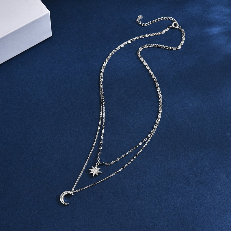Christmas Gift Simple Stars Double Layer Choker Shiny Zircon Moon Pendants Necklaces For Women Gift Fine Jewelry NK092