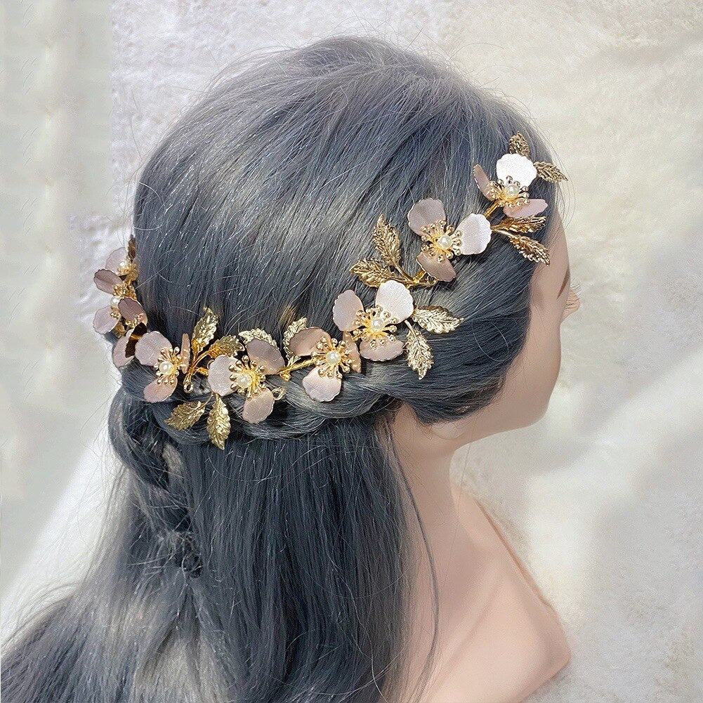 Gold Bridal Hair Vine Gold Leaf Crown Wedding Tiara Bridal Floral Hairbands Crown Metallic Gold Comb Flower Hair Vine for Women