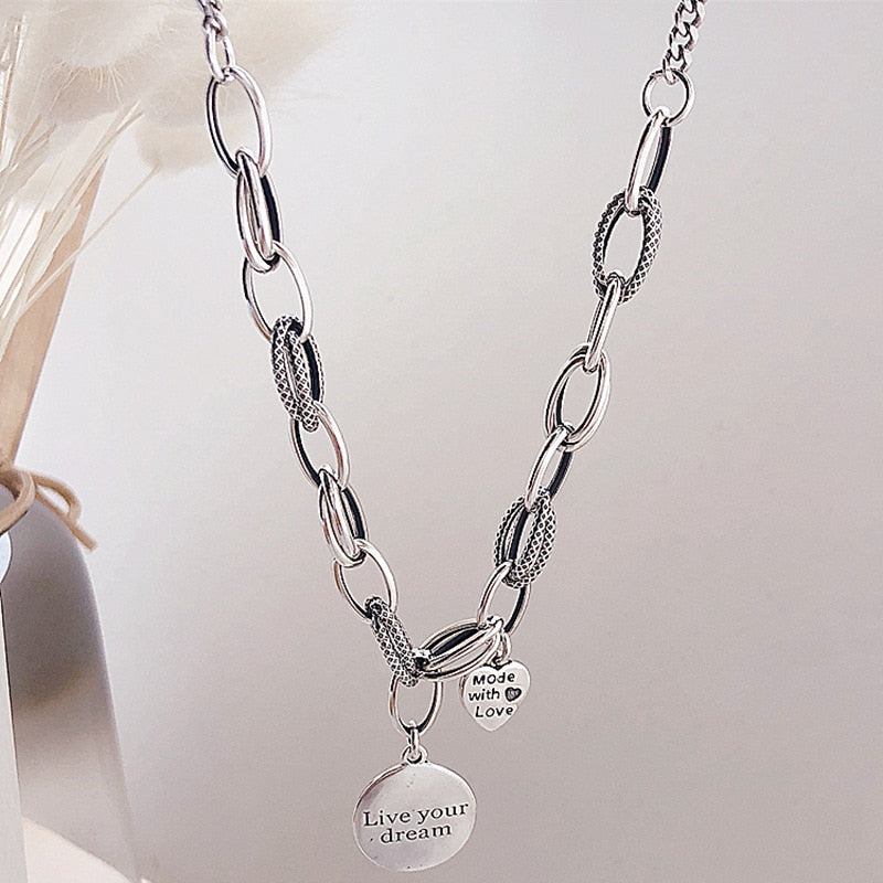 Aveuri  alloy Thick Chain Necklace INS Fashion Hip Hop Vintage Design LOVE Heart Pendant Thai Silver Party Jewelry