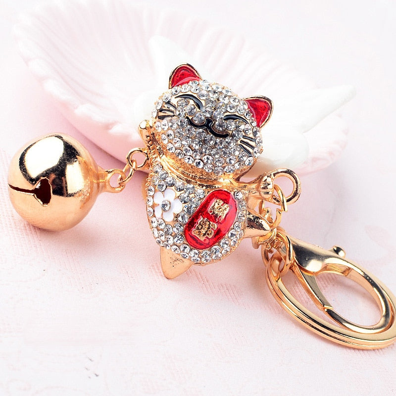 Aveuri Cute Crystal Keychain Women's Alloy Big Bell Rhinestone Japanese Lucky Cat Car Key Chain Girl Bag Pendant Jewelry Keyring Animal