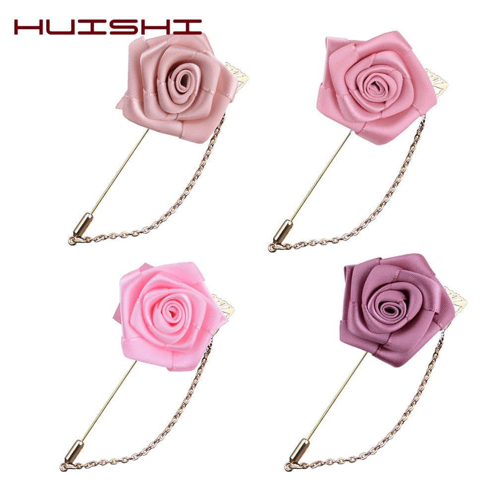 HUISHI Brooch For Men Korean Handmade Fashion New Ribbon Flower Lapel Pin Fabric Rose Flowers Brooch Men's Gold Chain Leaf Suit