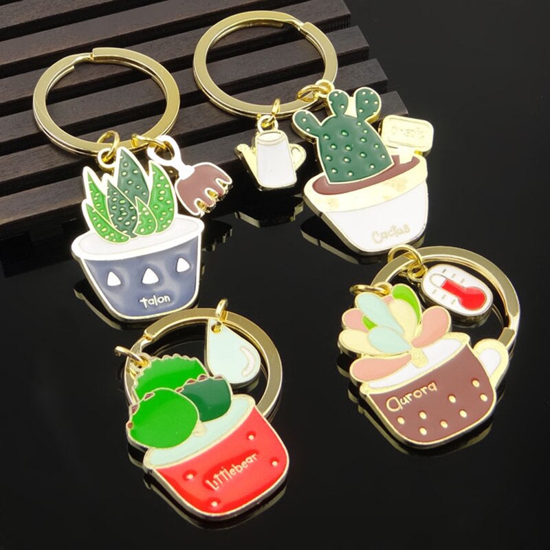 Aveuri Lovely Cactus Keychain Women Succulent Potted Succulent Plants Shaped Keychain Ring Gold Car Key Chains Best Gift For Friend