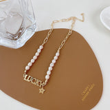 Aveuri Luxury Pearl Lucky Letter Necklace For Women Star Pendant Chain Choker Necklace Fashion Freshwater Pearl Jewelry Gifts
