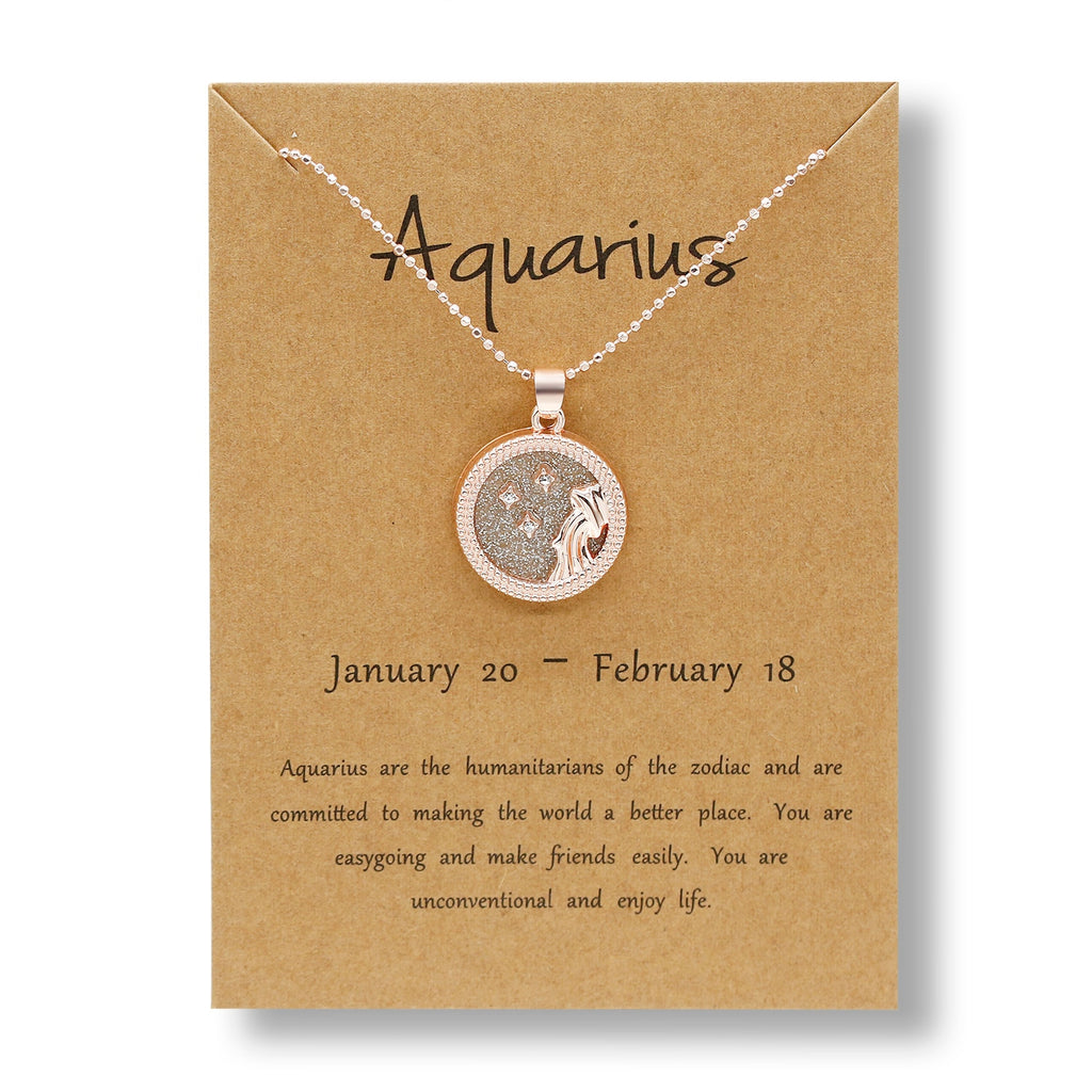 Christmas Gift 12 Zodiac Constellations Necklace Geometric Round Pendant Rose Gold Chain Necklace Unisex Friendship Jewelry