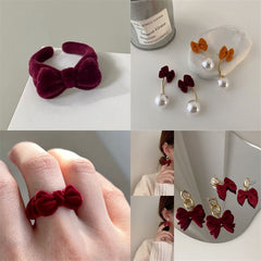 Aveuri 2023 New Fashion Vintage Wine Red Plush Bowknot Ring Earring Personality Simple Autumn And Winter All-Match Jewelry For Women Girls