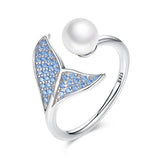 AVEURI Creative Double Pearl Finger Ring Fish Tail for Women Adjustable Size fit 5 6 7 8 9 Authentic Alloy Jewelry