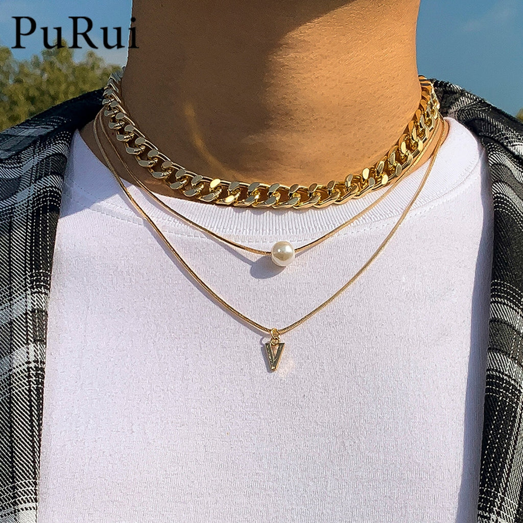 Aveuri 2023 Fashion Multilayer Hip Hop Short Chain Choker Necklace for Men Women Limitation Pearl Triangle Pendant Necklace Accessories