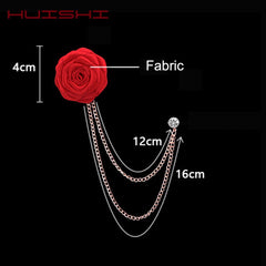 HUISHI Brooches For Men Bridegroom Wedding Brooch Cloth Hand-made Rose Flower Lapel Pin Badge Tassel Chain Mens Suit Accessories