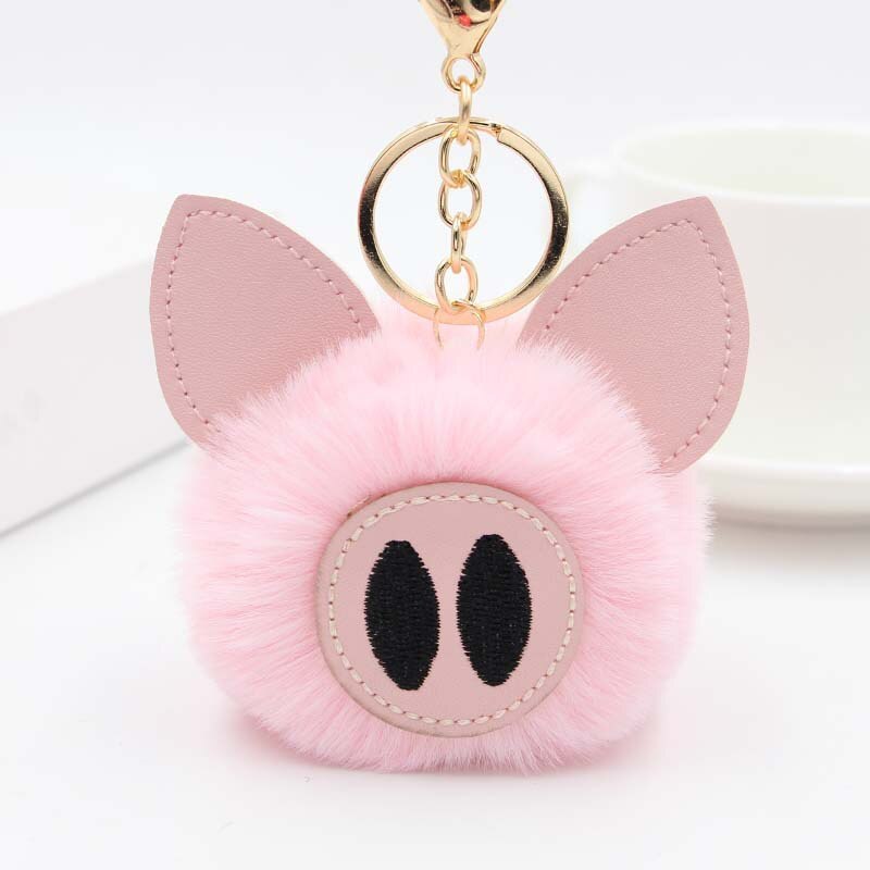 Aveuri Cute Women's Piggy Fur Ball Keychain Cartoon Pig Fur Pom Pom Keychain Bag Purse Car Key Holder Fluffy Keyring Pendant Llaveros