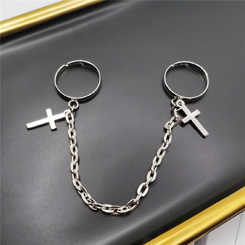 LATS Trendy Vintage Punk Hip-Hop Cross Rings for Women Men Unisex Silver Color Finger Chain Adjustable Ring Fashion Jewelry