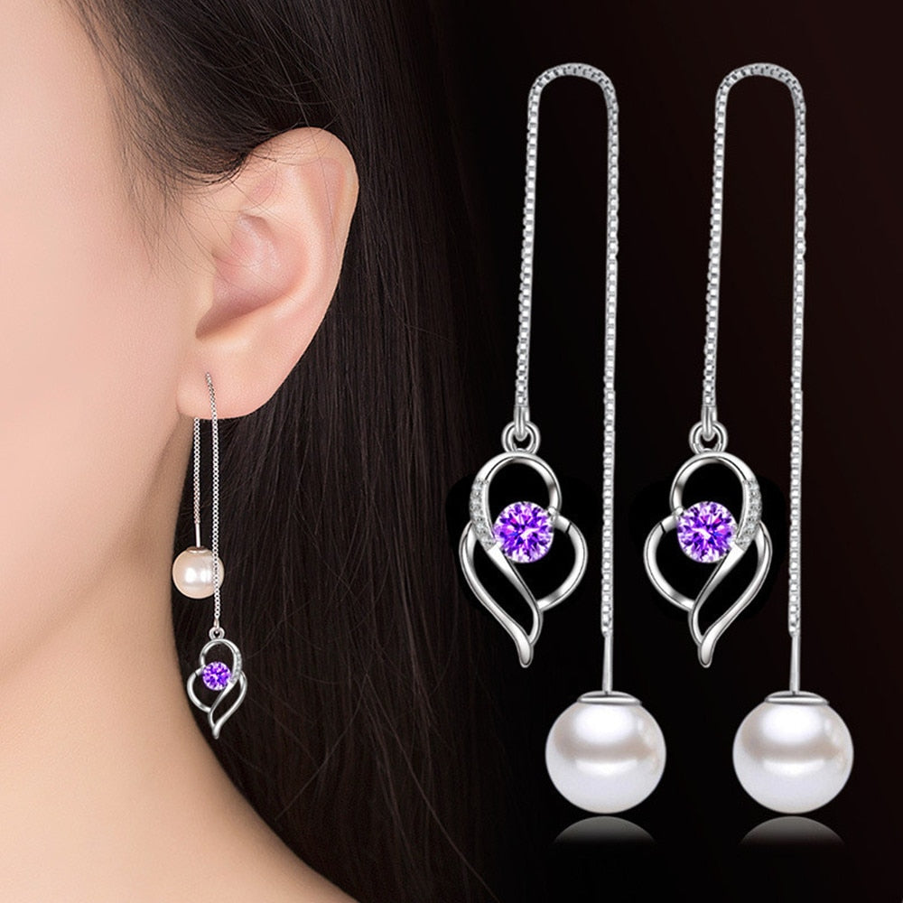 Christmas Gift alloy New Women's Fashion Jewelry Earline High Quality Zircon Pearl Long Tassel Heart Earrings