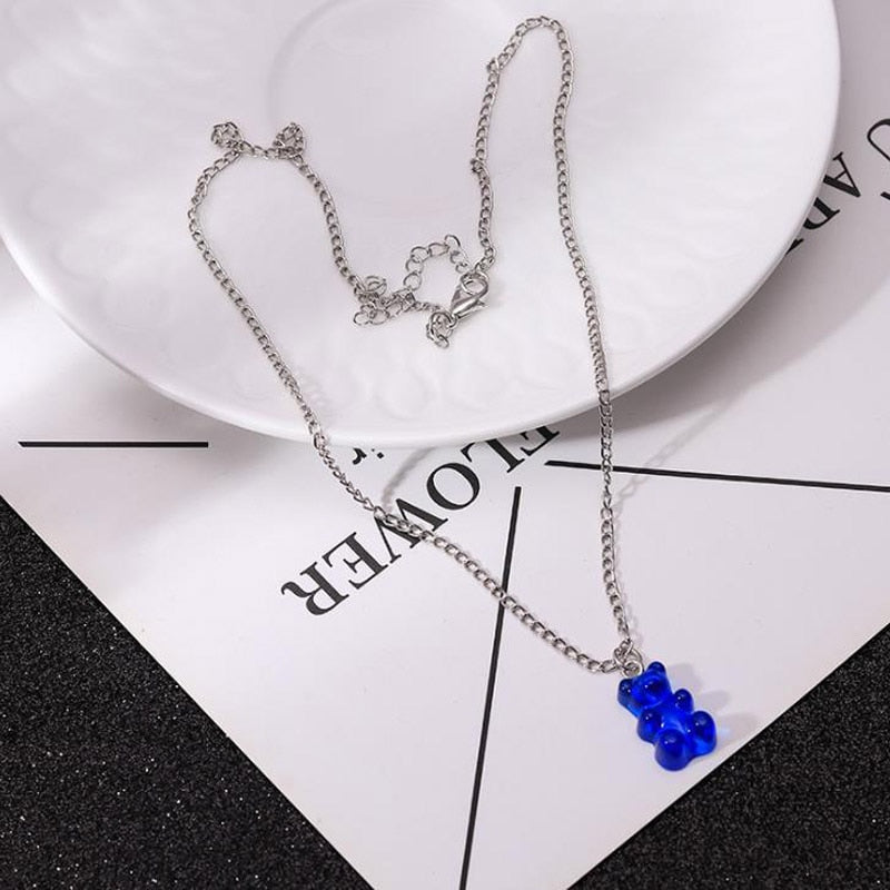 Christmas Gift Gummy Mini Bear Necklace Candy Color for Women Christmas Gift New Collare Silver Color Sequins Pendants Necklaces Party Jewelry