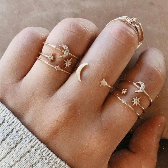 LATS Bohemian Gold Chain Rings Set For Women Fashion Boho Coin Snake Moon Star Rings Party 2023 Female Trend Jewelry Gifts