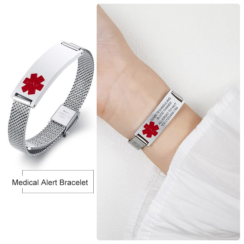Custom Medical Alert Mesh Bracelet  ID Diabetic Bracelet for Women Men Stainless Steel Personalized Allergy Emergency Wrist