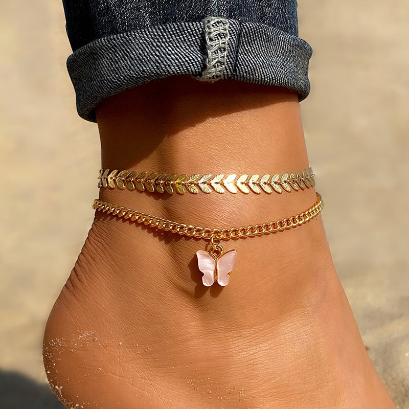 Christmas Gift EN Fashion Multilayer Cute Butterfly Anklets for Women Bohemian Simple Anklet Gold Color Chain Ankle Bracelet on Leg