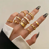 Aveuri Punk Vintage Gold Wide Chain Rings Set For Women Girls Fashion Irregular Finger Thin Rings Gift 2023  Female Jewelry Party