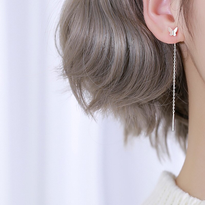 Hot 925 Sterling Silver Butterfly Earrings Women's Fine Jewelry  Temperament Sweet Simple Long Earrings Wholesale