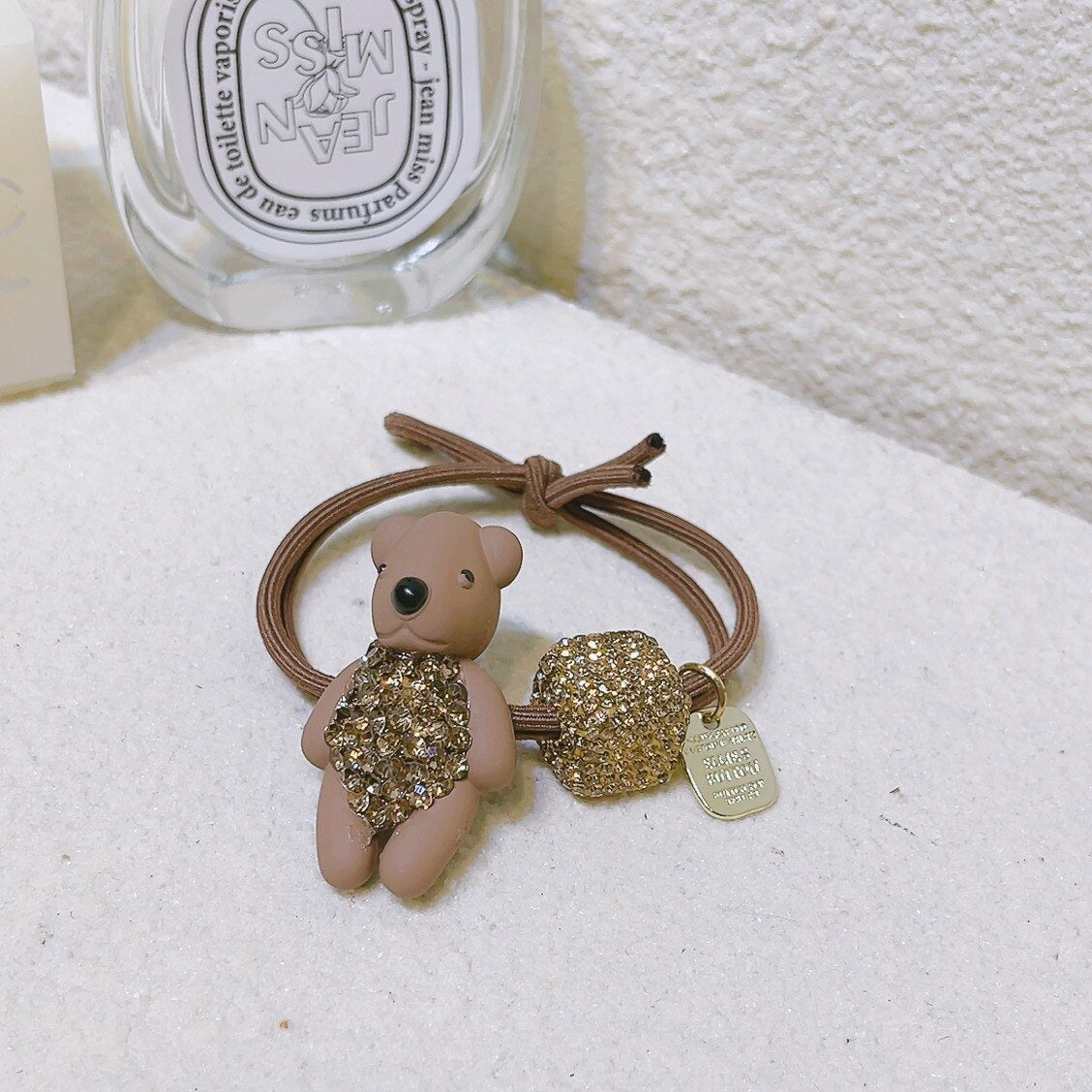 Aveuri 2023 The New Brown Coffee Color Crown Czech Diamond Bear Hair Ring Full Of Diamond Square Hair Rope Ball Head Rope