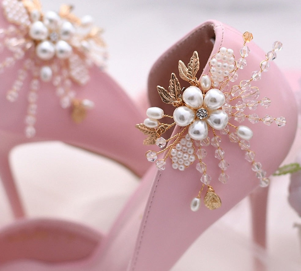 Aveuri lot Removable Bride High Heel Clip Rhinestone Wedding Shoes Buckle Women Decoration Pearls Floral Bead Shoe Clips